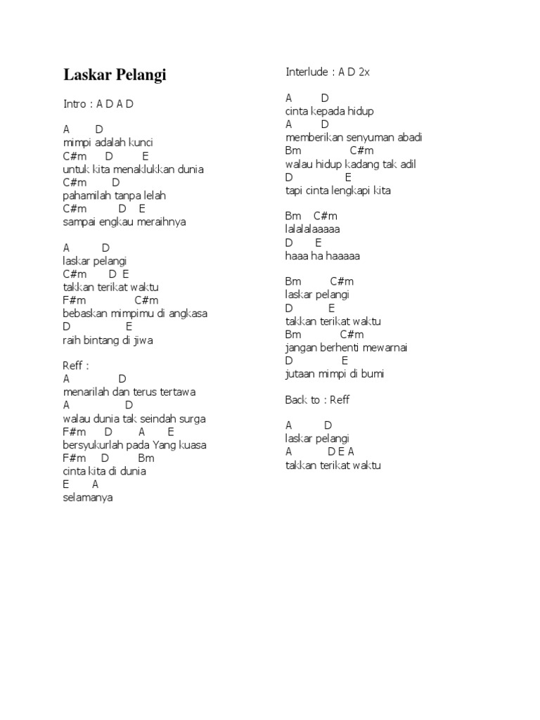 Lirik Laskar Pelangi Dfan Kepompong chorus menarilah dan terus tertawa walau dunia tak seindah surga bersyukurlah pada yang kuasa. lirik laskar pelangi dfan kepompong