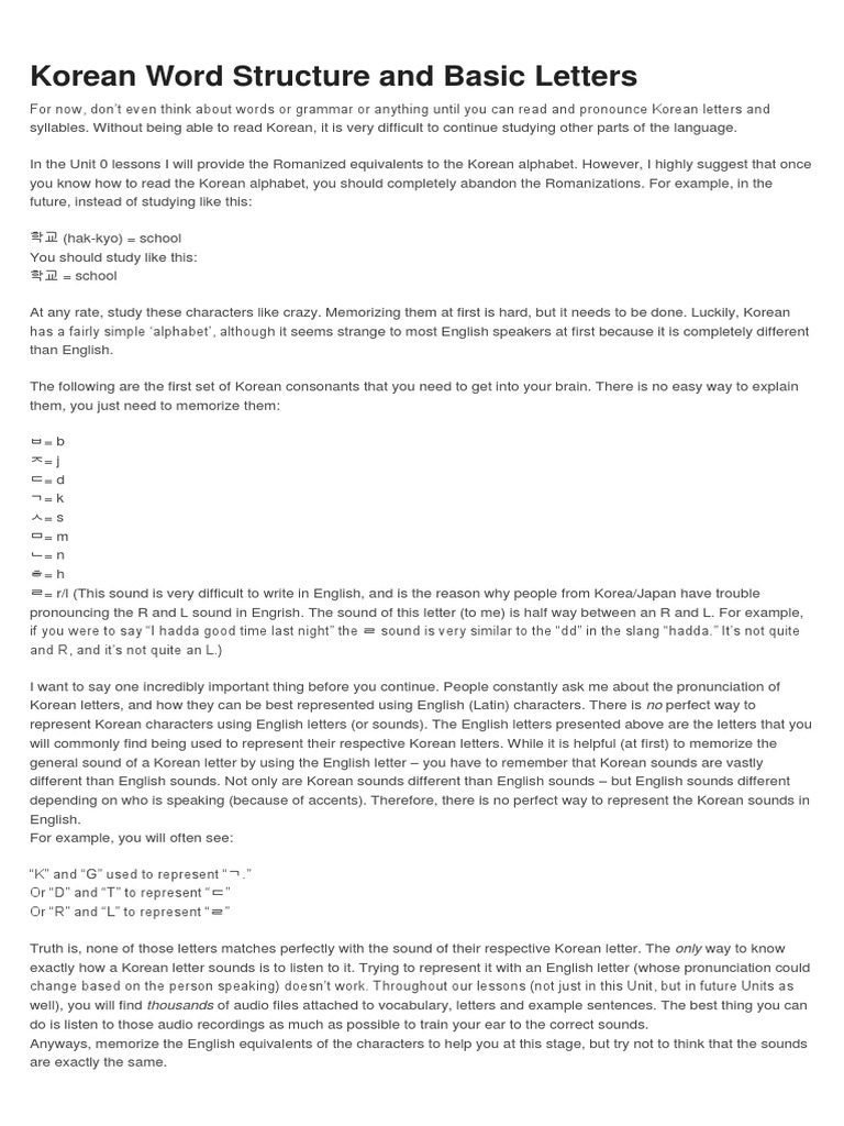 Basic 1 Korean Word Structure and Basic Letters PDF Korean