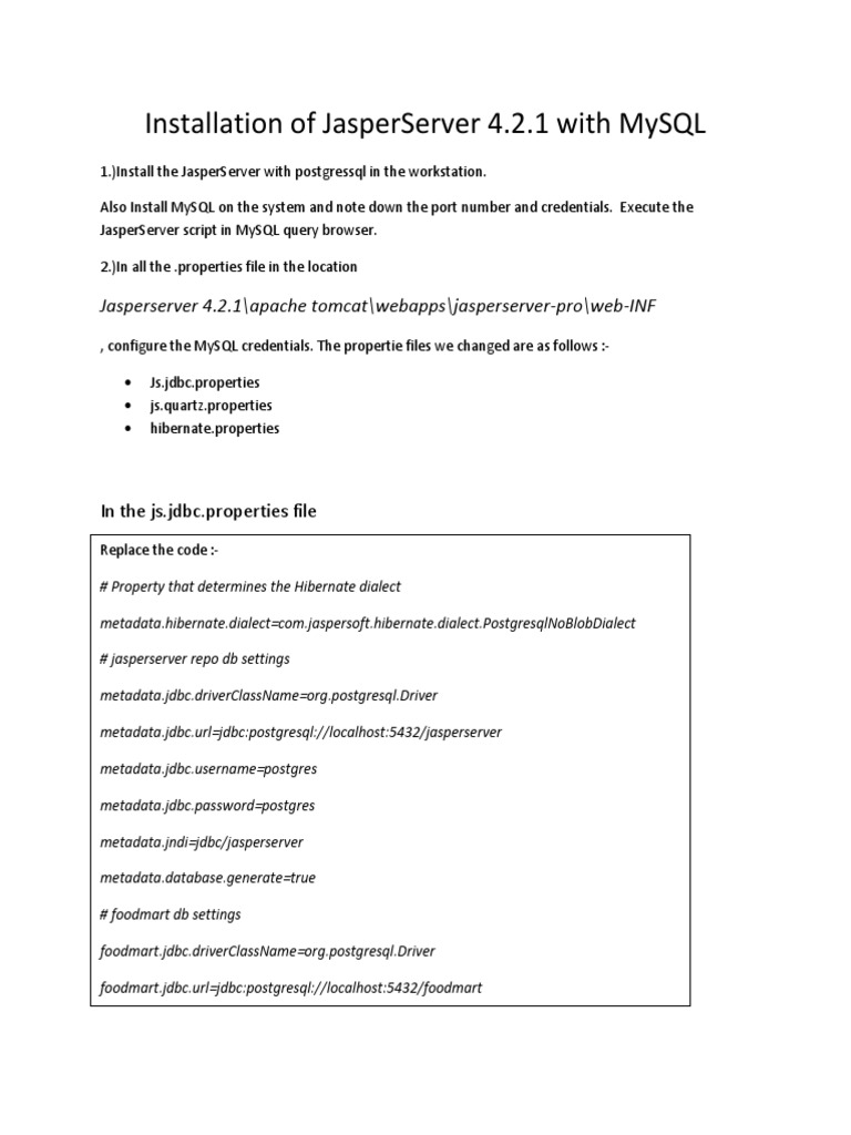 JasperServer 4.2.1 MySQL Installation Guide | PDF | Postgre Sql | Data ...