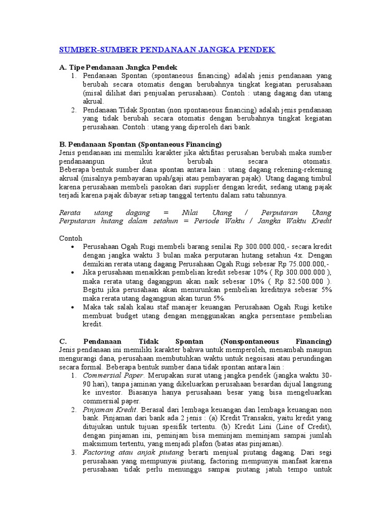 Contoh Soal Pendanaan Jangka Pendek Belajar Online