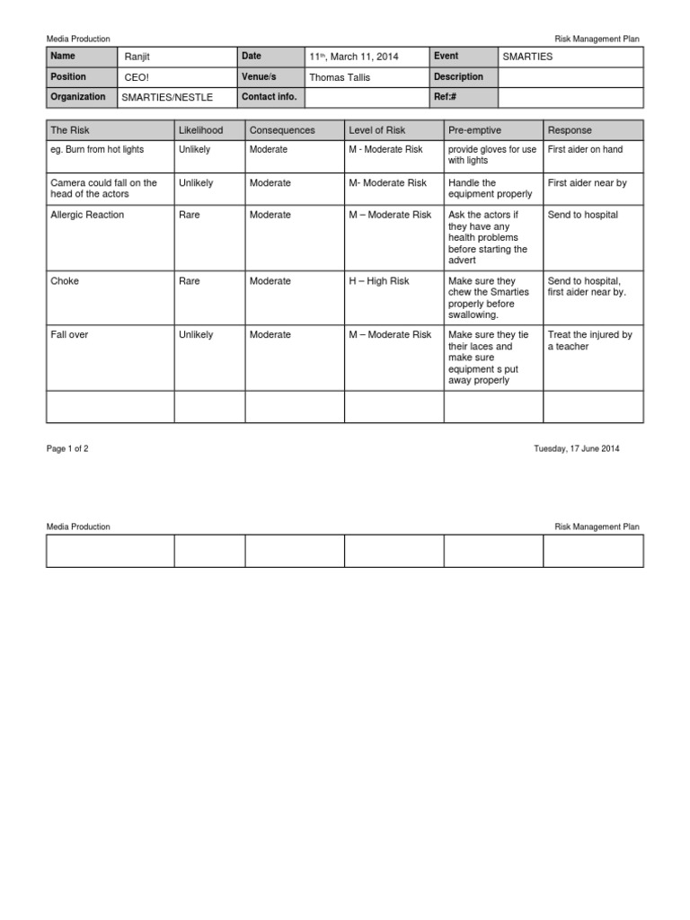 SMARTIES Media Production Risk Assessment | PDF