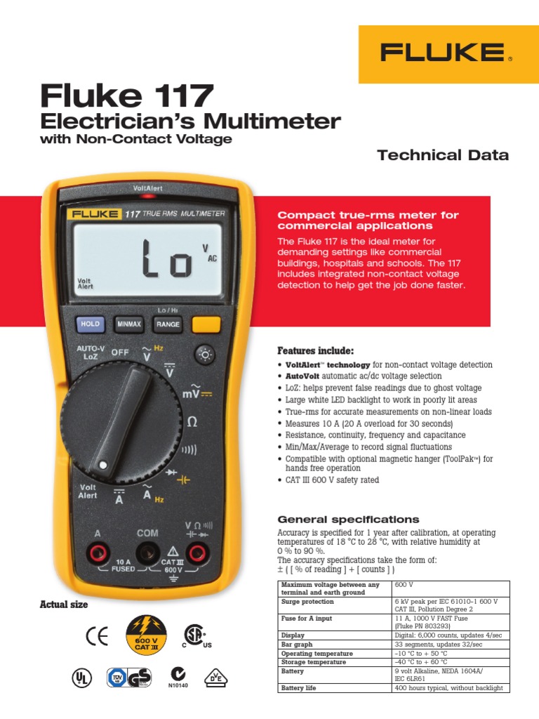 Fluke 117 Multimeter Technical Data.pdf Electrical Components