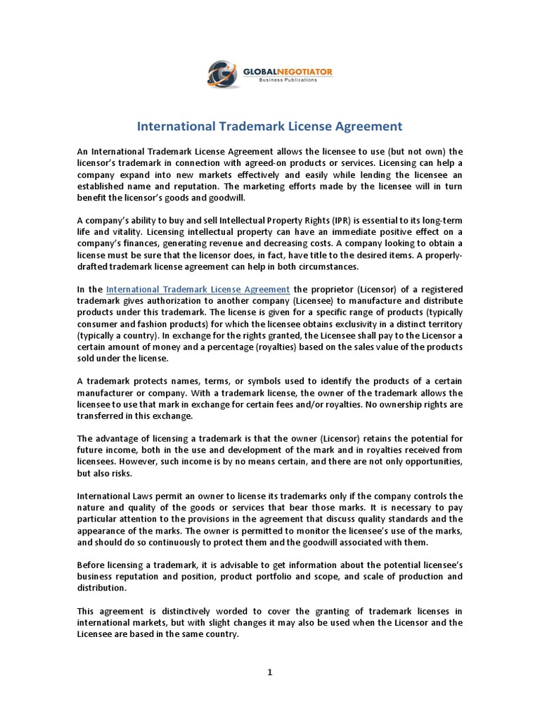 International Trademark License Reference: International Trademark License Agreement Pdf License