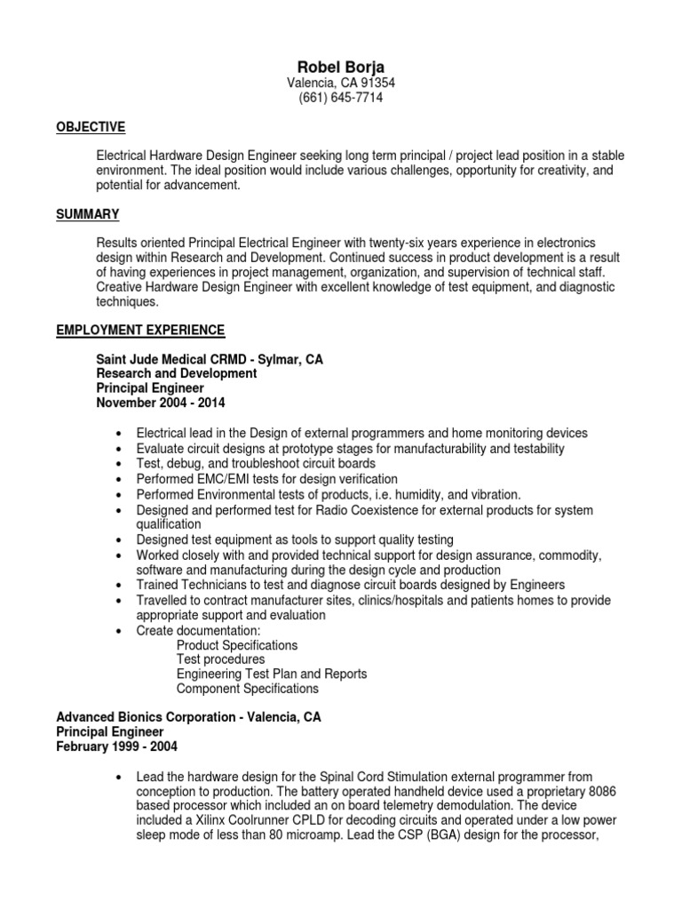 Principal Electrical Hardware Engineer in Los Angeles CA Resume Robel Borja PDF Central