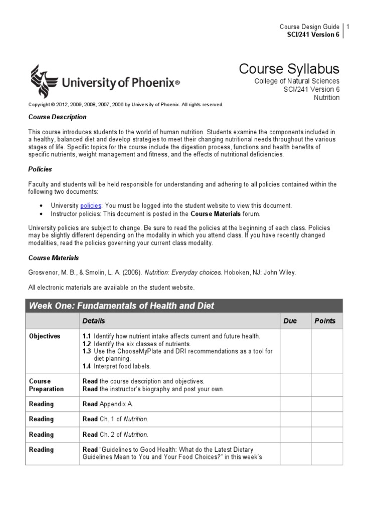 SCI 241 Course Syllabus | PDF | Dietary Fiber | Diet & Nutrition