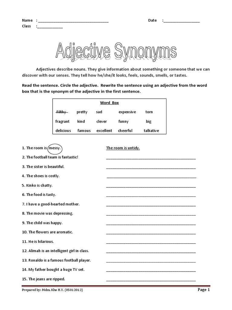 Synonyms Worksheets Nouns, Verbs, Adjectives Synonym Worksheets