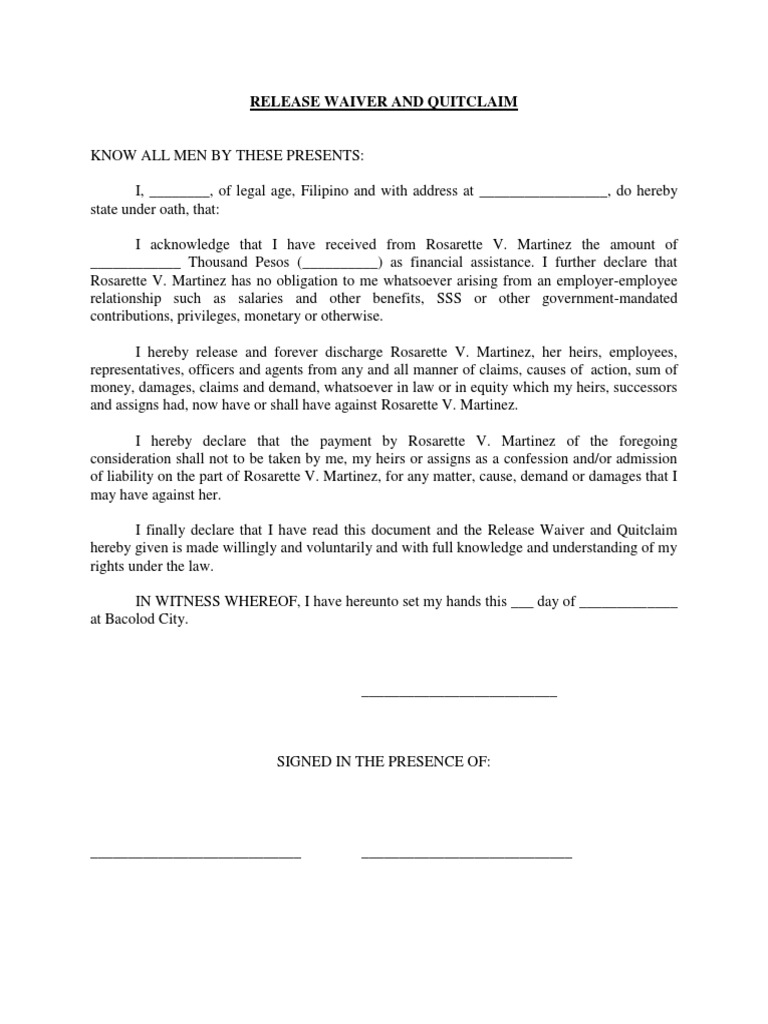 Release Waiver and Quitclaim No EeEr Relnship PDF Waiver Civil