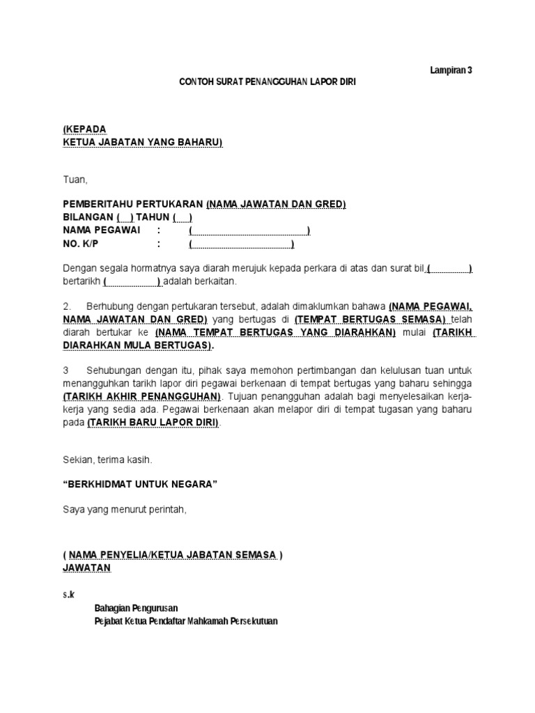 Contoh Surat Penangguhan Lapor Diri Bekerja