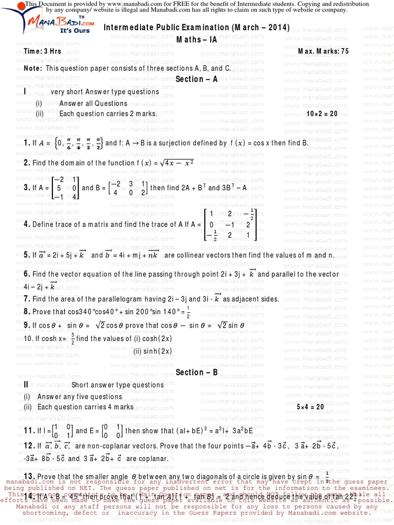 2014 TS Inter 1st Year Maths IA Paper | PDF | Matrix (Mathematics ...
