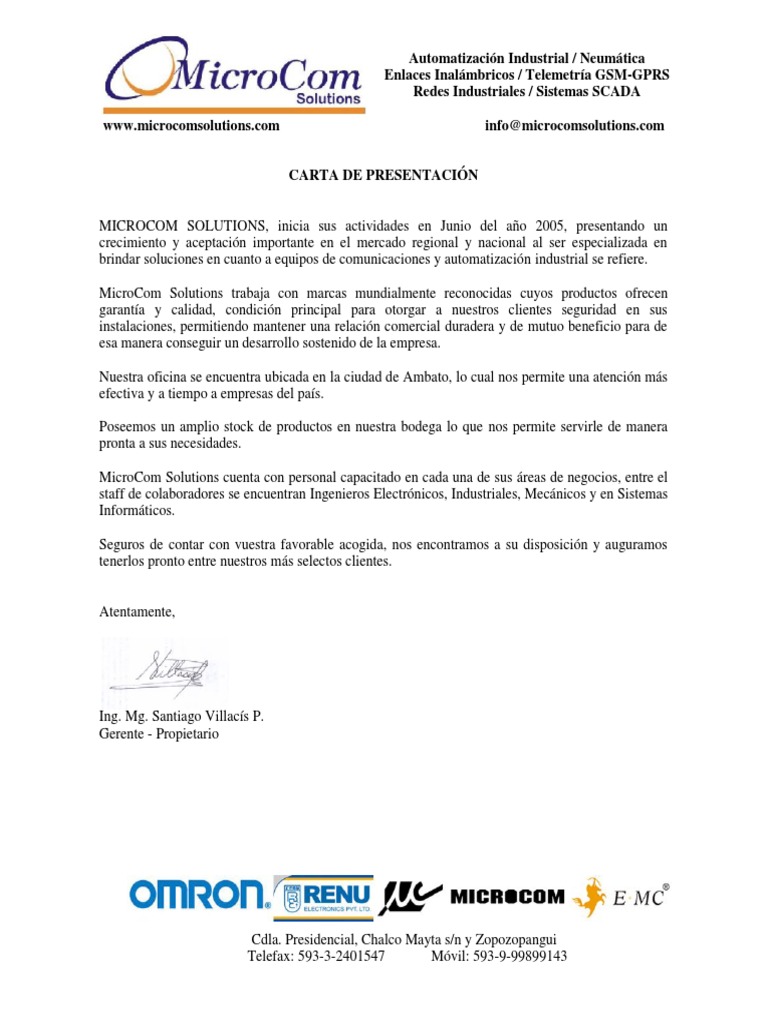 Carta de Presentación 2014 FA Scada Telecommunications