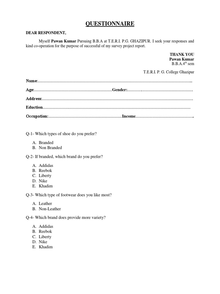 Shoe Questionnaire Shoe Adidas