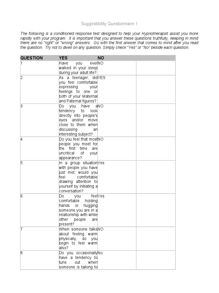 Hypnosis Suggestibility Questionnaire | PDF | Cognitive Science ...