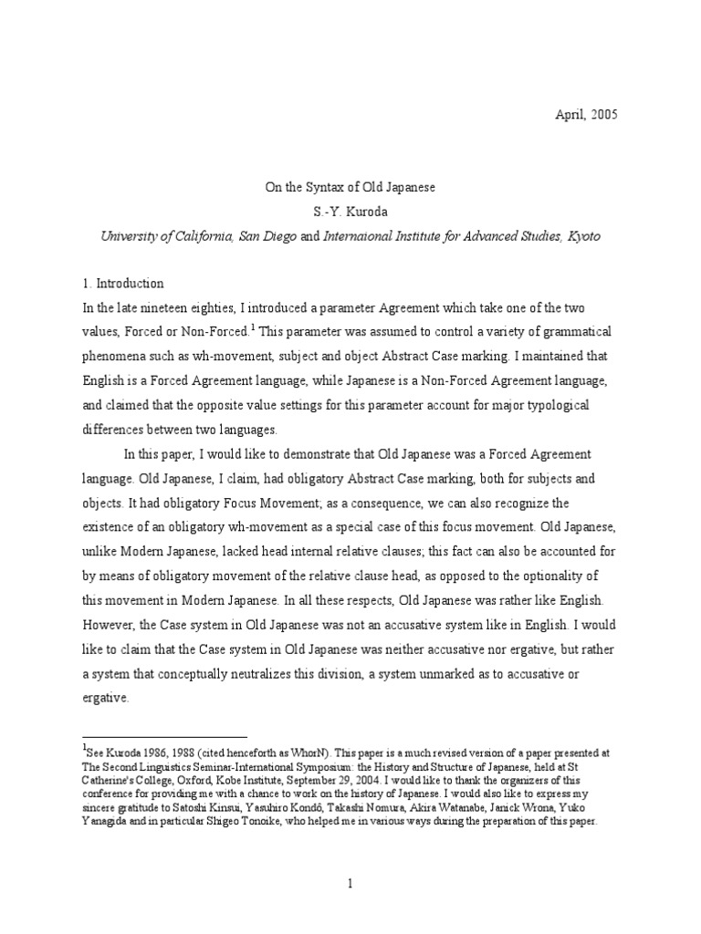 An Analysis of Agreement Parameters and Case Marking in Old Japanese