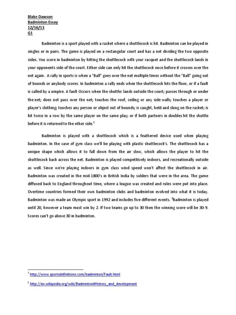 Badminton Essay PDF Sports Leisure