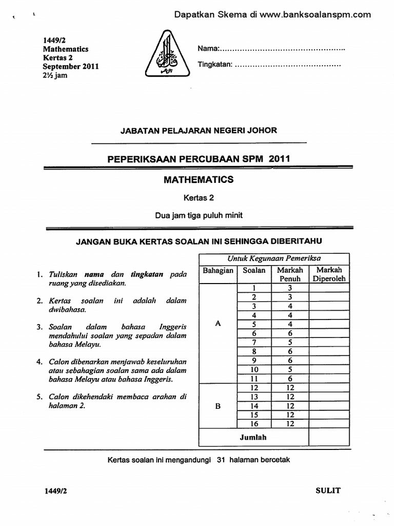 Soalan Matematik Kertas 2 Percubaan Spm Johor 2011 Pdf