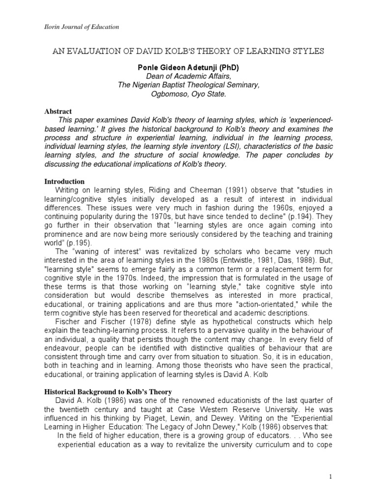 Evaluation of Kolb's Learning Theory | PDF | Learning Styles | Learning ...