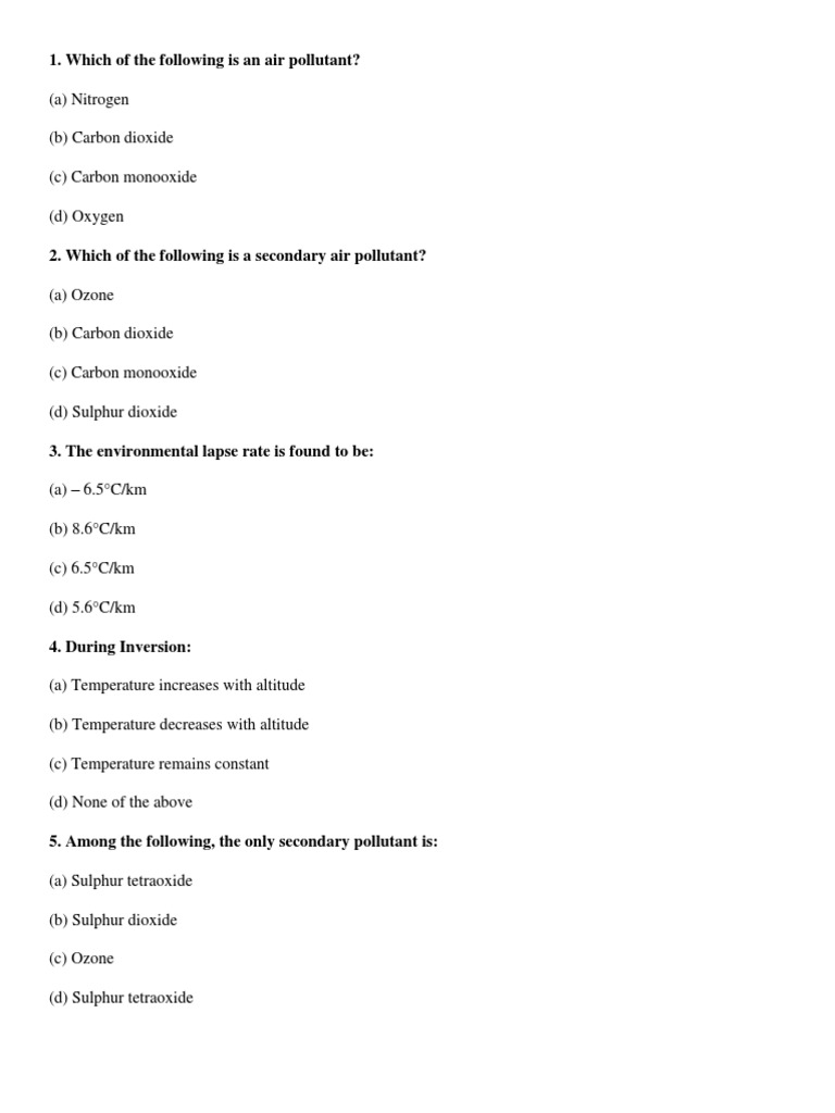 Air, Water, Noise, Thermal and Solid Waste Pollution Multiple Choice
