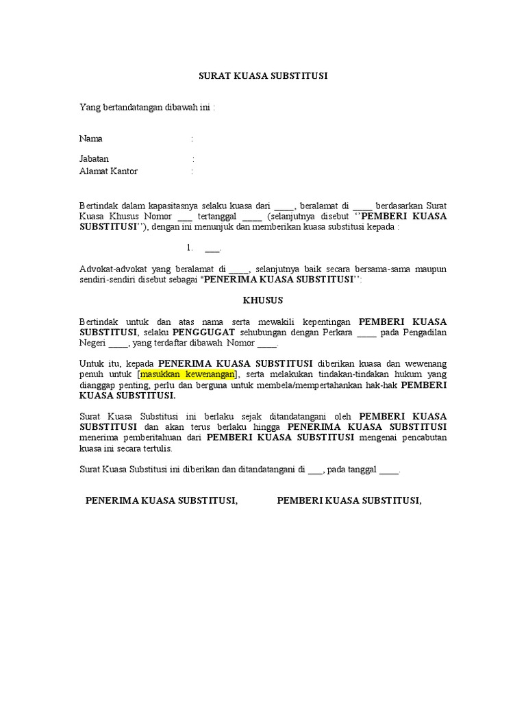 Contoh Surat Kuasa Substitusi