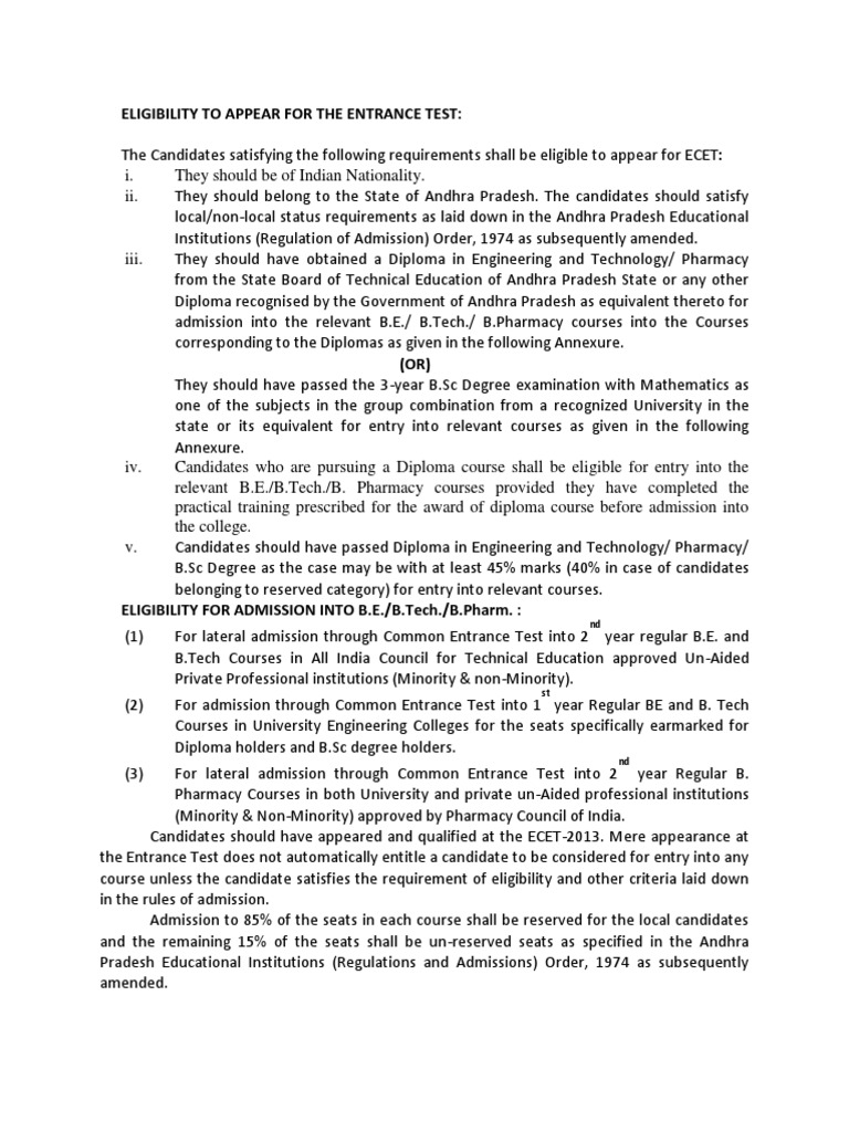 Eligibility To Appear For The Entrance Test PDF University And