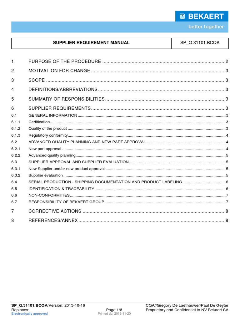 Supplier Requirement Manual Specification (Technical Standard) Iso 9000