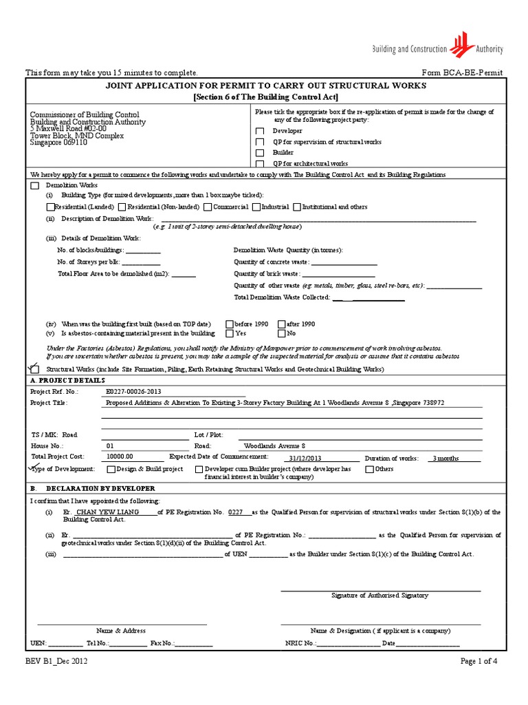 Bca BE Permit Form Demolition Architectural Design