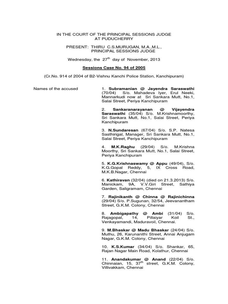 Kanchi Shankaracharya Sankararaman Murder Case Judgement PDF Crime