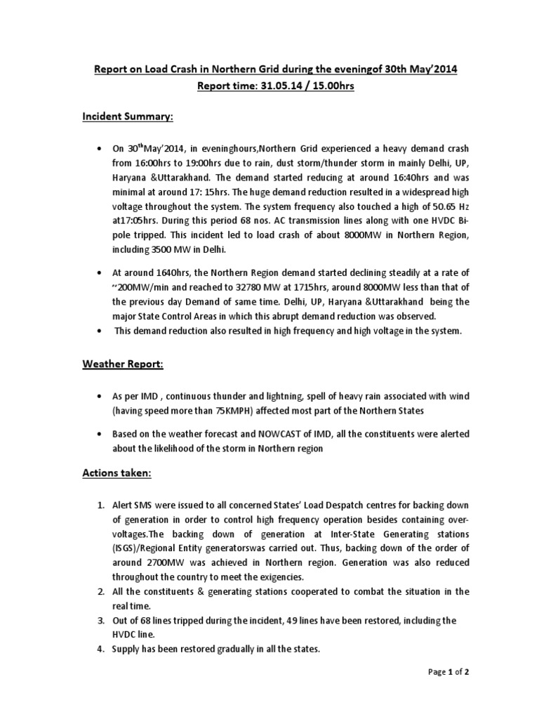 Northern Grid Load Crash Report 2014 | PDF | Electrical Grid | High ...