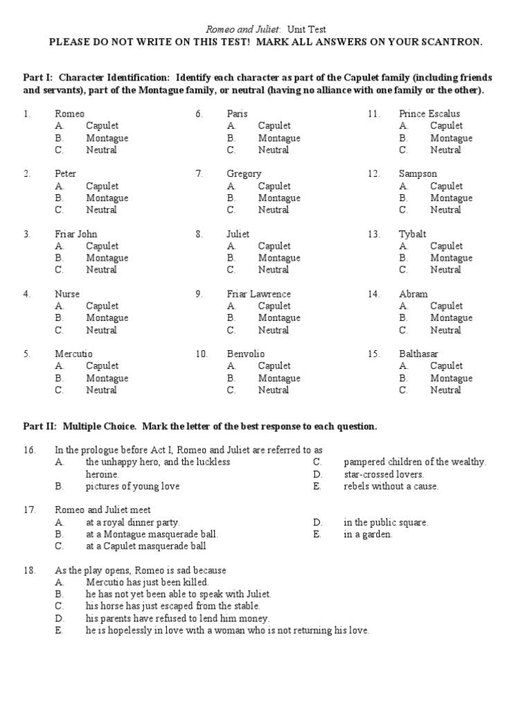 Romeo and Juliet Test Characters In Romeo And Juliet Literary