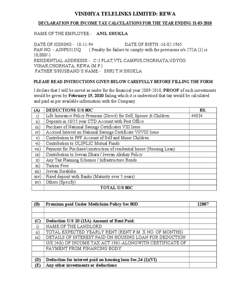 Tax Declaration Form (09010) Tax Refund Payments