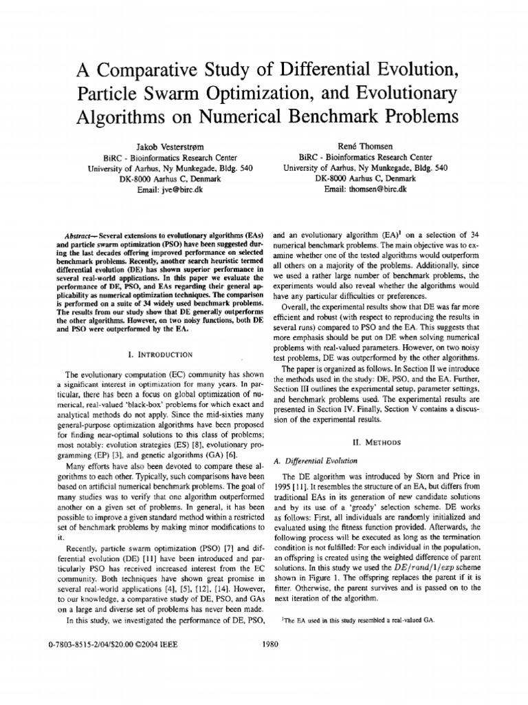 A Comparative Study Differential Evolution, Particle Swarm Optimization