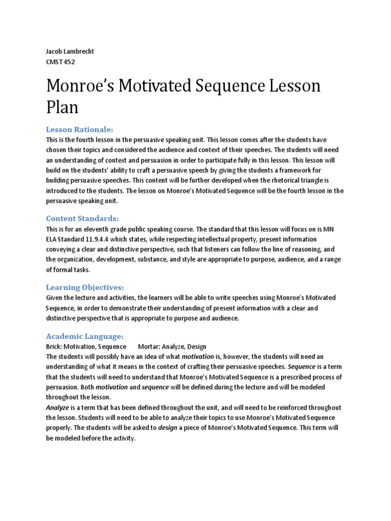 Monroes Motivated Sequence Lesson Pdf Persuasion Lecture