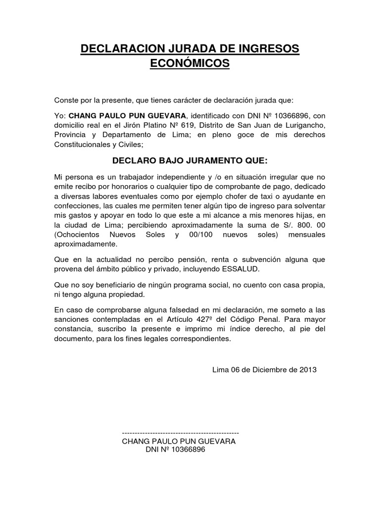 Declaración Jurada de Ingresos Económicos | PDF | Ciencias sociales