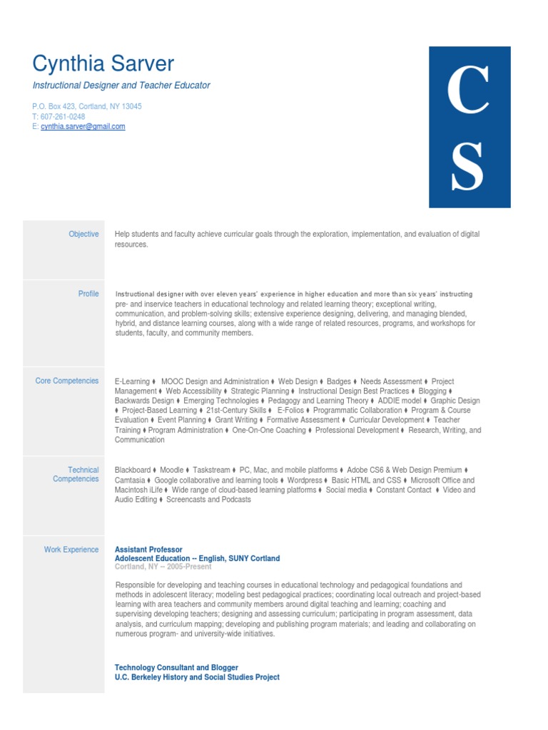 Cynthia Sarver Resume Instructional Designer