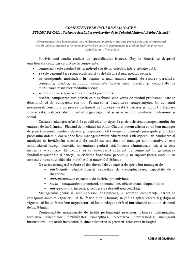 Competentele Unui Bun Manager Scolar-Studiu de Caz | PDF