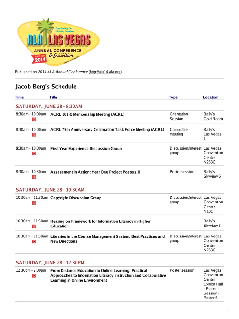 My ALA Schedule PDF Information Literacy Librarian
