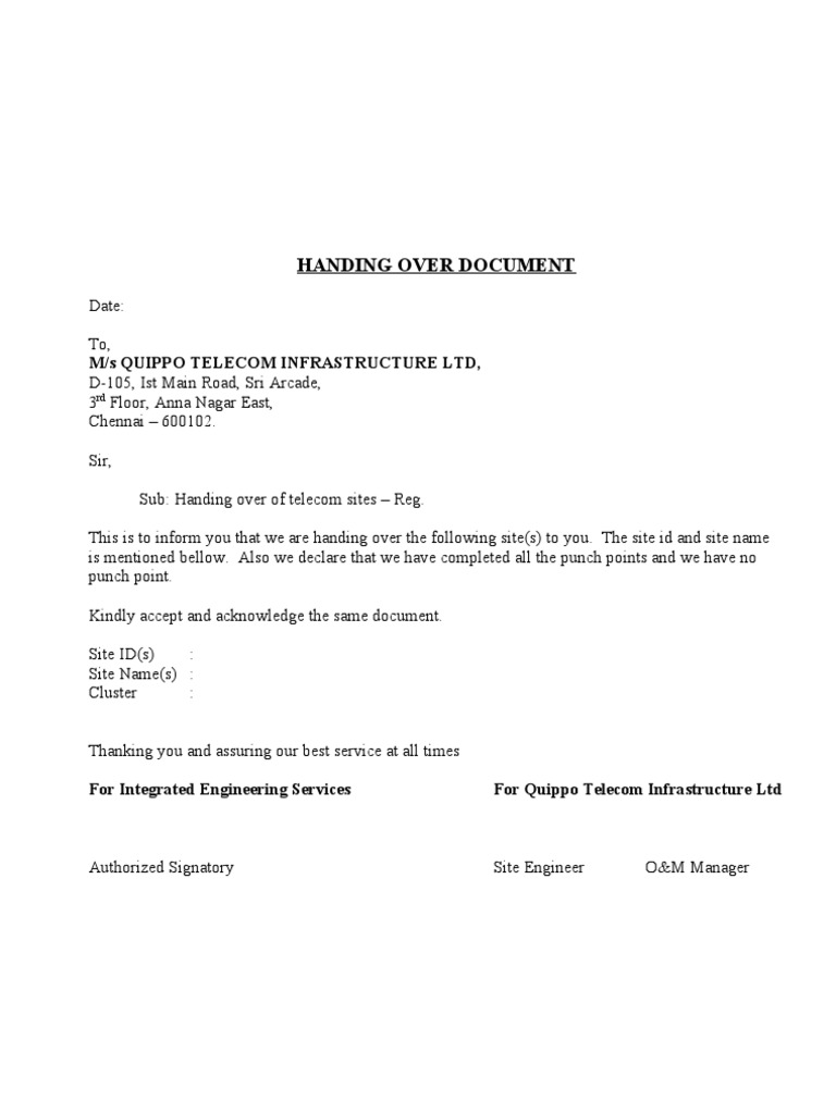 Telecom Site Handover Notification | PDF