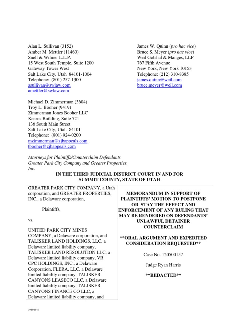 Powdr Corp. June 12, 2104 Motion To Stay Any Eviction Order From Park