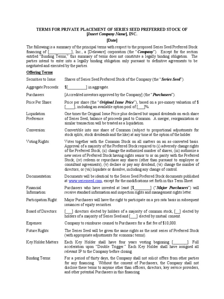 Series Seed Term Sheet V 3 2 | PDF | Preferred Stock | Stocks