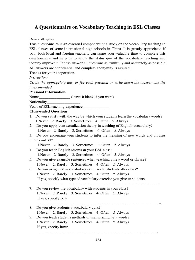 sample questionnaire for thesis about vocabulary