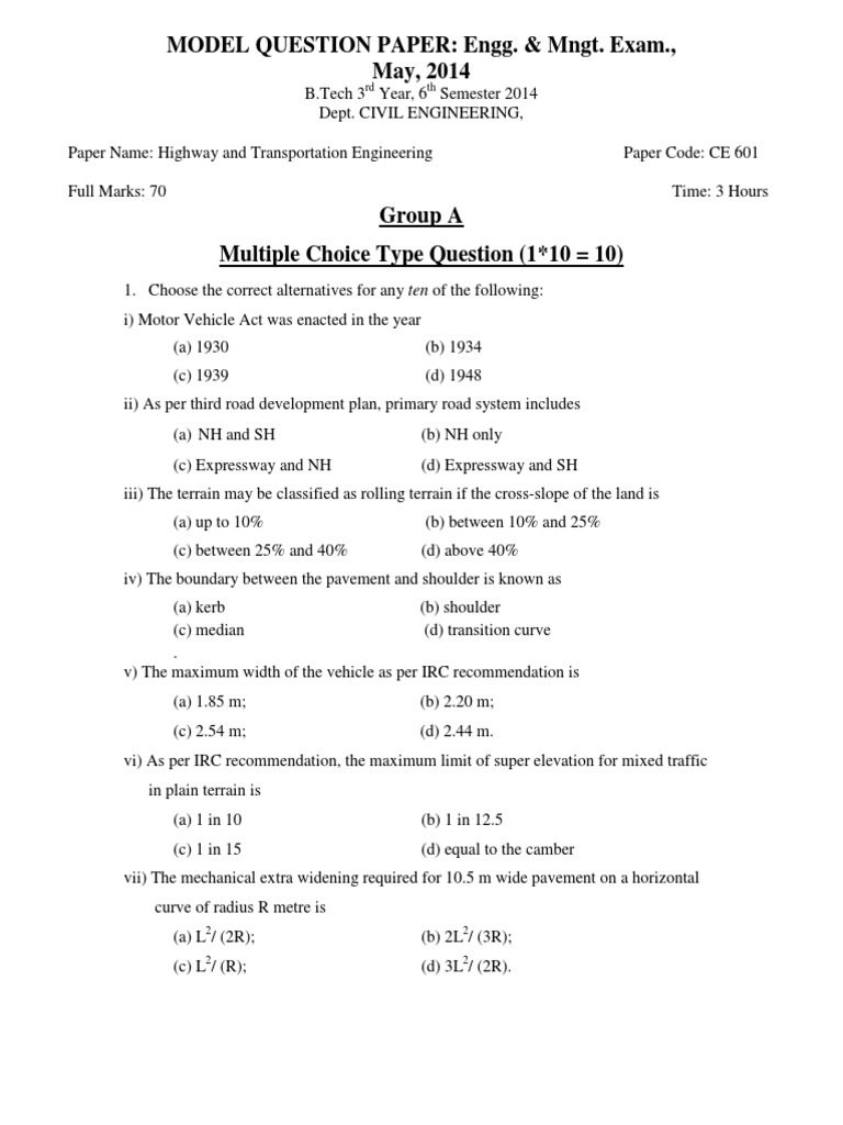 Model Question Paper For CE 601 - 2014 | PDF | Speed | Road Surface