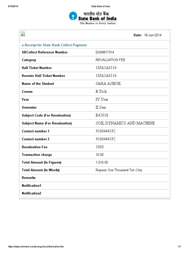 B.Tech Revaluation Fee Receipt | PDF