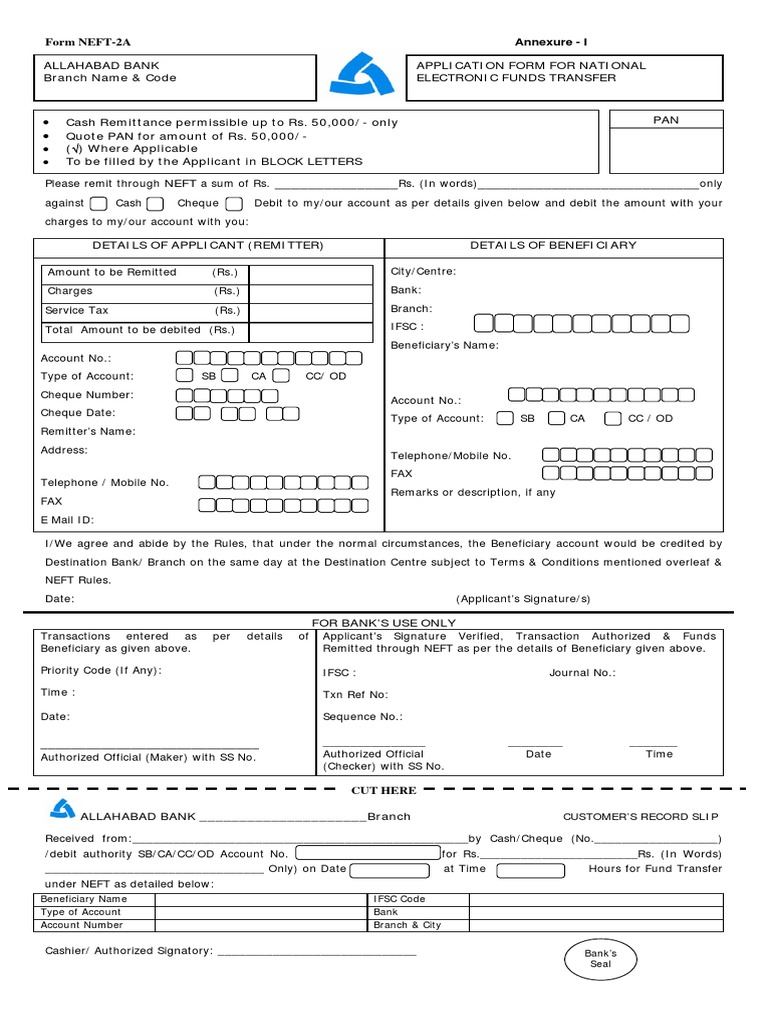 NEFT Application Form and Guidelines | PDF | Cheque | Financial Technology