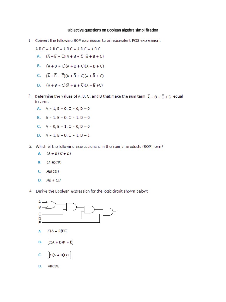 Objective questions on boolean algebra simplification
