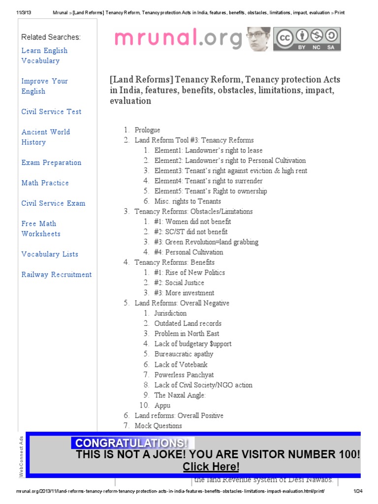 (Land Reforms) Tenancy Reform, Tenancy Protection Acts in India ...