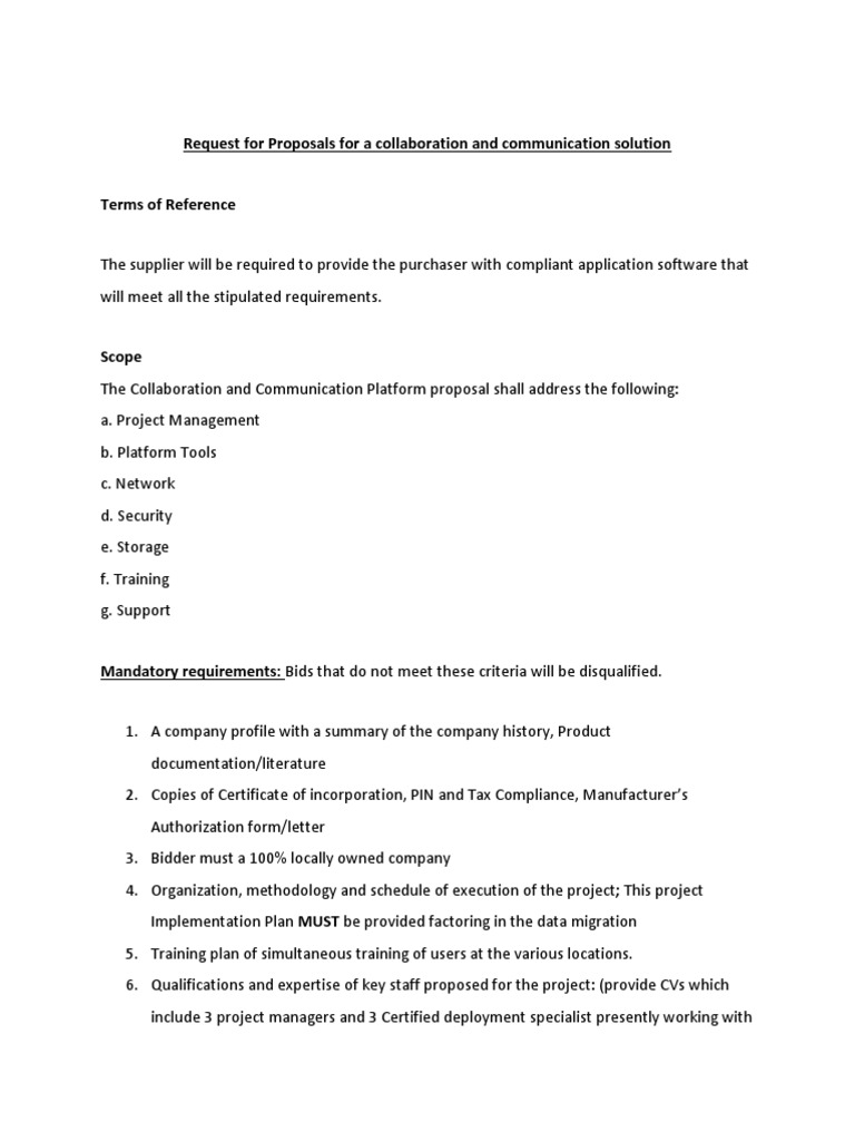 RFP Requirements Request For Proposal Cloud Computing
