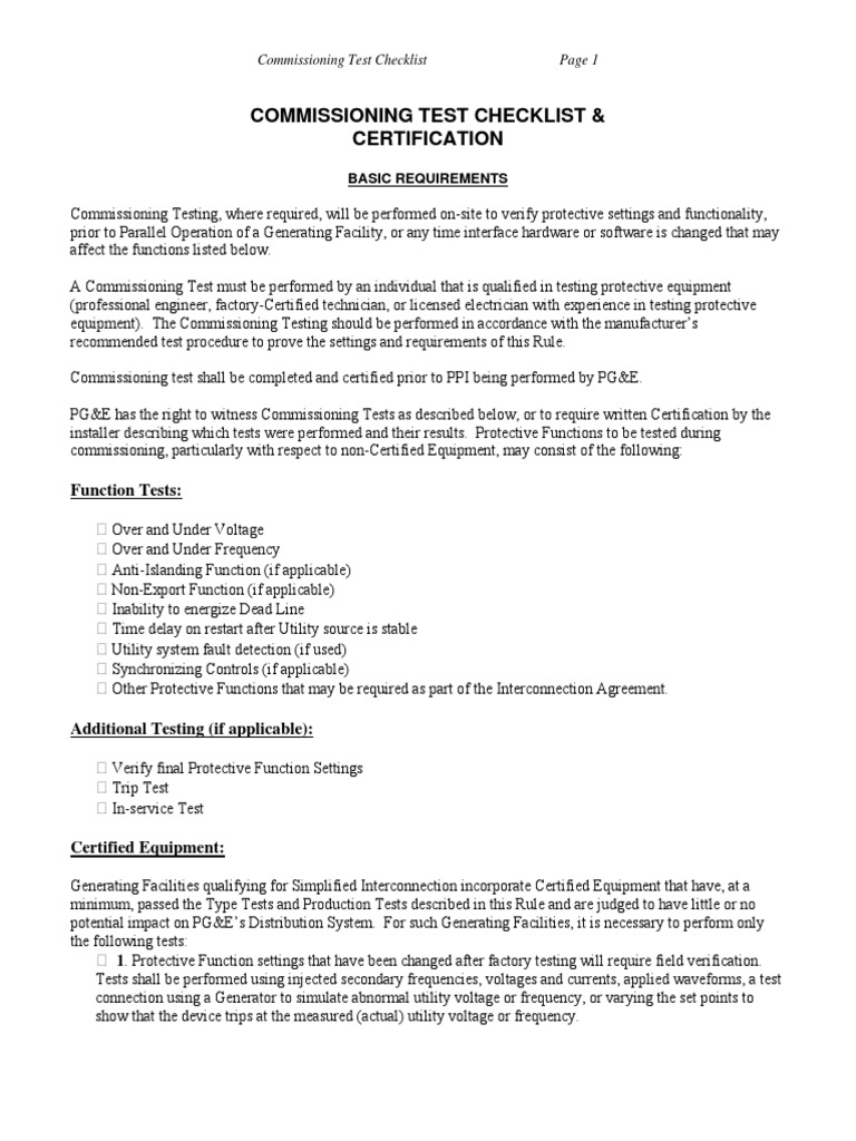 Commissioning Test Checklist & Certification: Function Tests | PDF