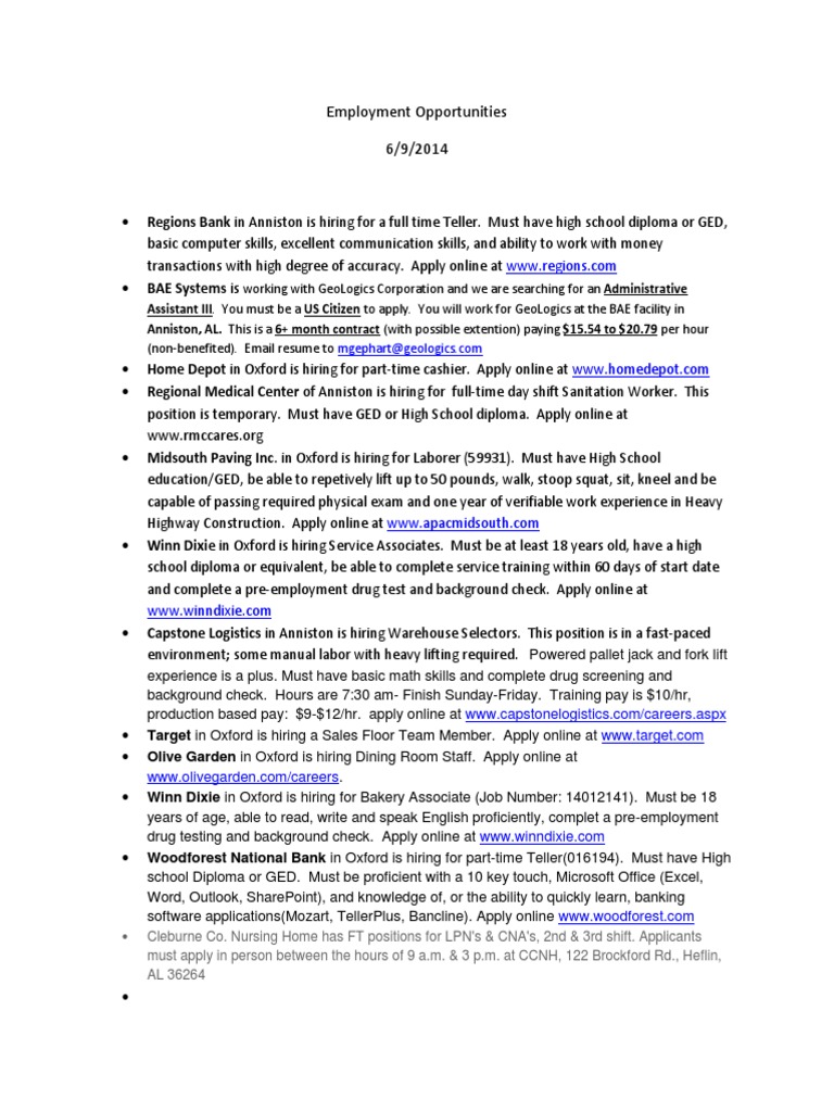 Job Openings in Anniston and Oxford | PDF | General Educational ...