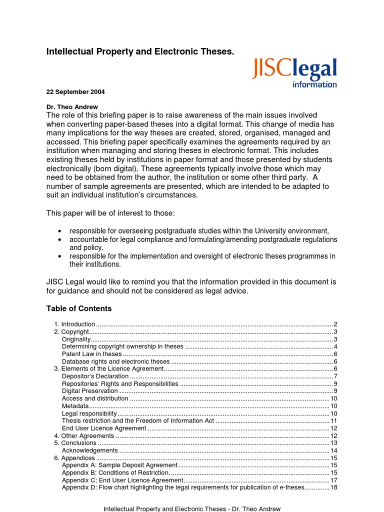 Intellectual Property and Electronic Theses. Copyright Thesis
