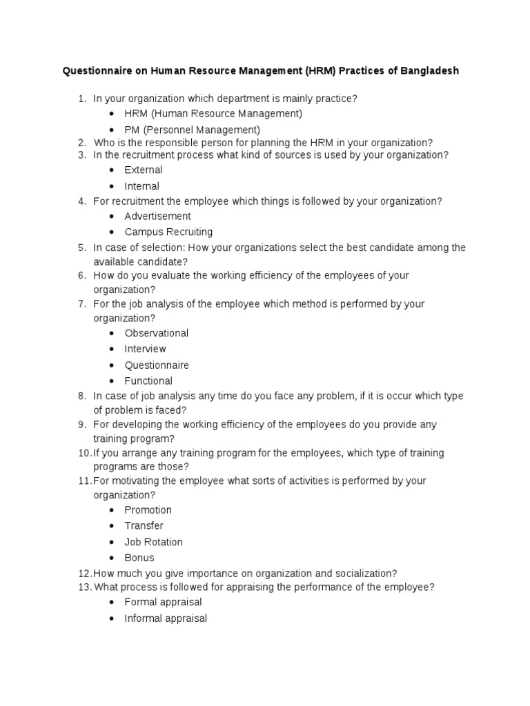 Questionnaire on Human Resource Management