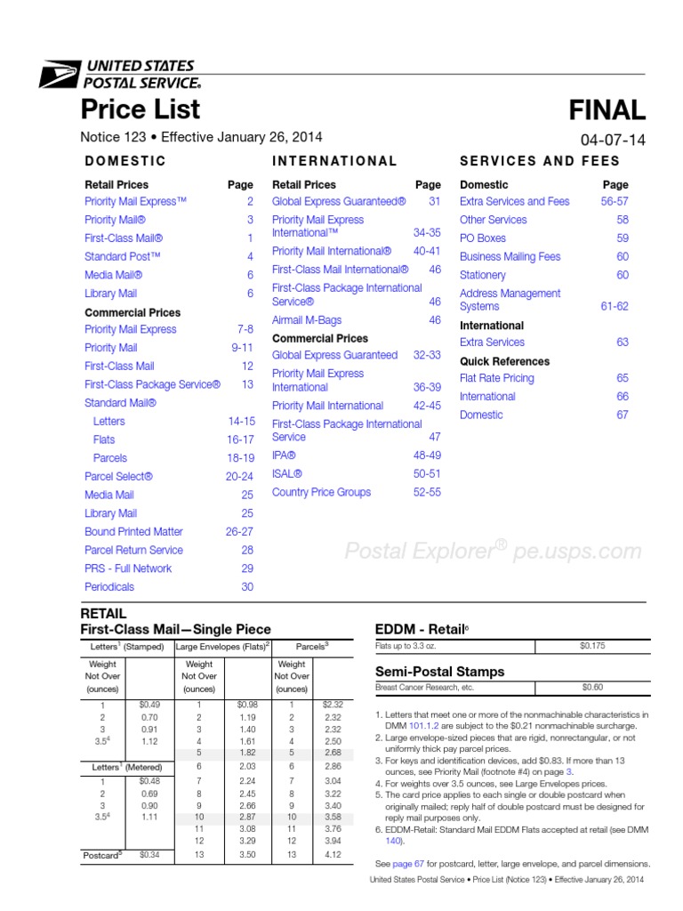USPS Price List PDF United States Postal Service Envelope